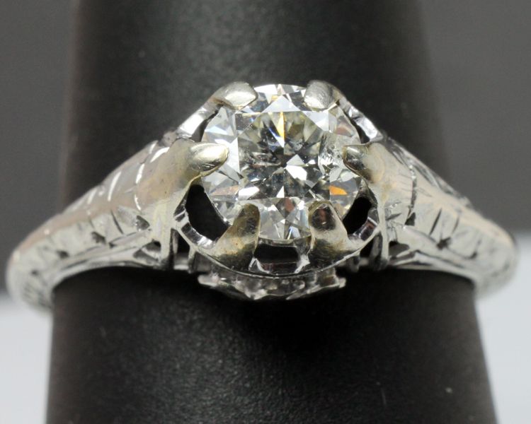 Antique Art Deco 71pt Diamond Solitaire 14K White Gold Filigree 