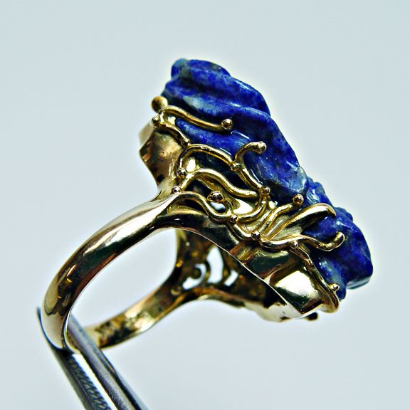 Giant Vintage Koi Fish Lapis Lazuli Diamond Ring 14K Gold HEAVY Estate 