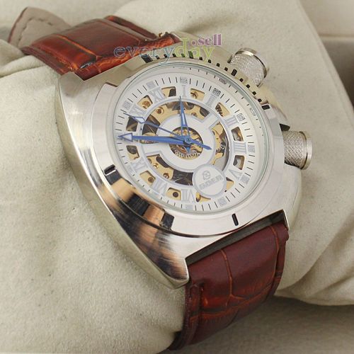 Brown Leather Fashion New Mens Auto Skeleton Wristwatch Silver Square 