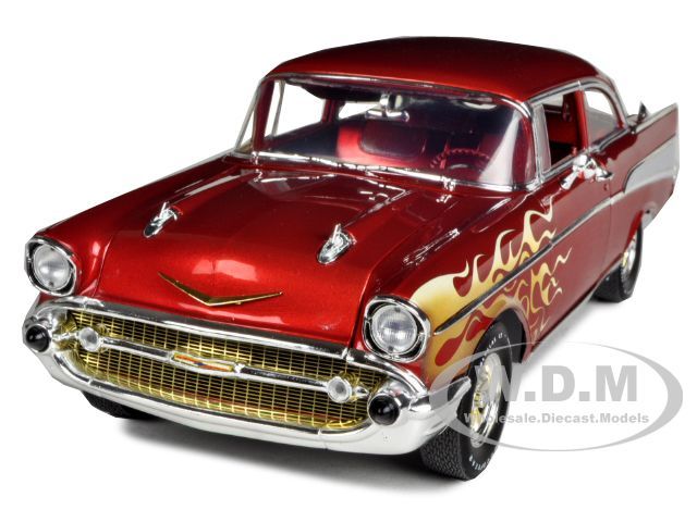 1957 CHEVROLET BEL AIR BURGUNDY WITH FLAMES 1/18 MODEL CAR BY HIGHWAY 