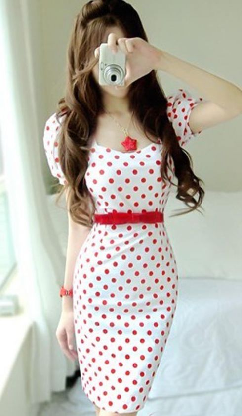 Elegant White Red Polka Dots Satin Slim Dress S M L XL  