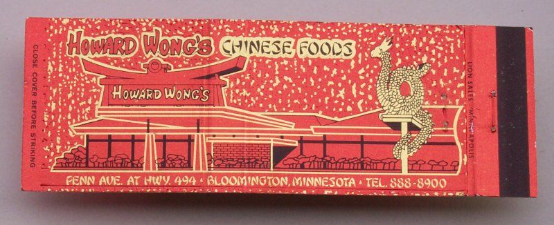 1960s Matchbook Howard Wongs Chinese Bloomington MN MB  