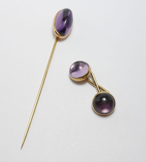 ART DECO 10K AMETHYST STICKPIN & CUFFLINK SET $❶NR  