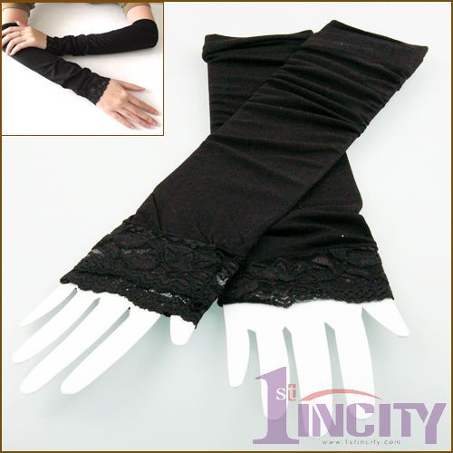 Womens Long Arm Lace cuff Gloves Fingerless prevent UV  