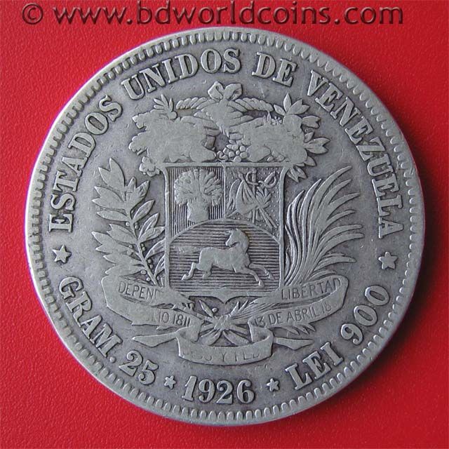 VENEZUELA 1926 GRAM 25 (5 BOLIVARES) .72oz SILVER 37mm  