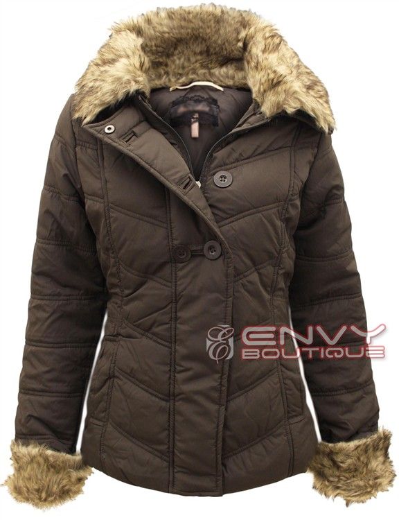 NEW LADIES WOMENS QUILTED BUTTON ZIP FAUX FUR POPPER JACKET COAT LOOK 