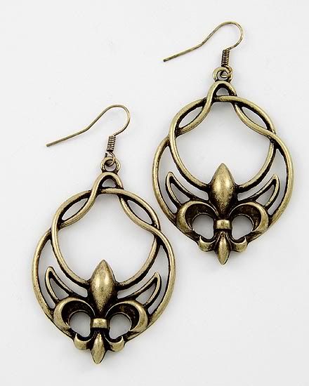 WESTERN Burnished Gold Fleur De Lis Dangle Pierced Hook Earrings 