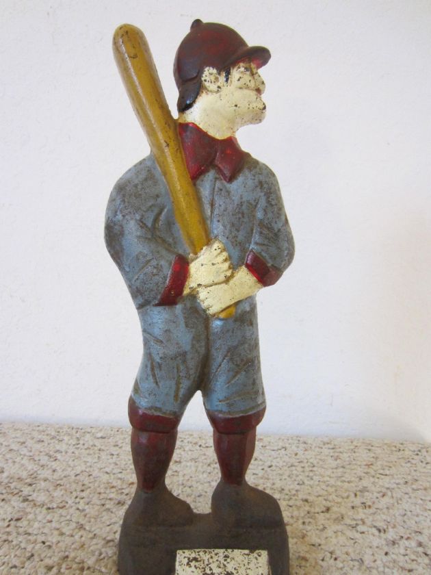 VINTAGE, ORIGINAL, CAST IRON BASEBALL PLAYER DOOR STOP  