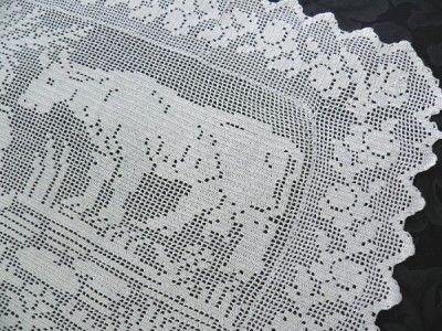 Antique Figural Filet Crochet Lace Panel Fable Frog Ox  