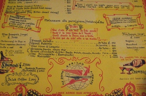 DE MEO PATACCA RESTAURANT MENU~SOUTH AFRICAN AIRLINE AIRWAY  