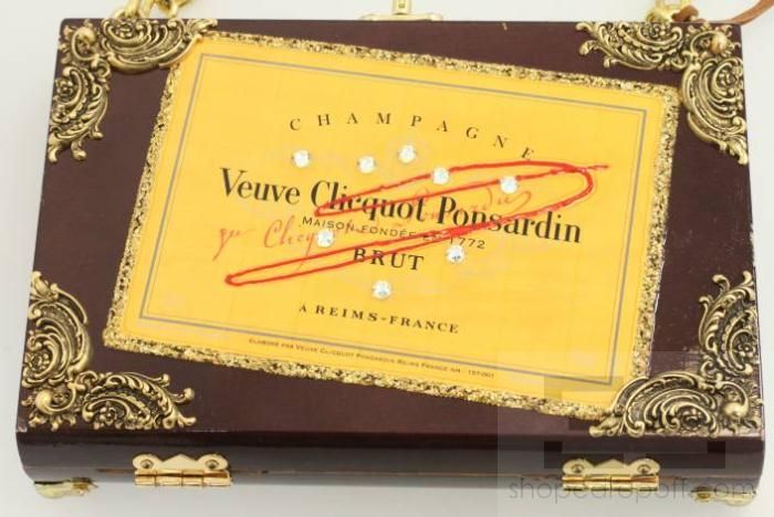 Designer Brown Wood Veuve Clicquot Ponsardin Champagne Label Handbag 