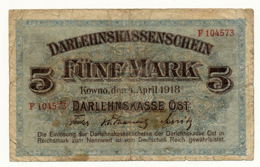 GERMANY (OCCUPATION OF LITHUANIA) banknote 5 MARK 1918.  