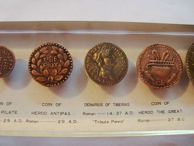 ANCIENT COINS PAPERWEIGHT SESTERTIUS OF VESPASIAN, SHEKEL OF TYRE 