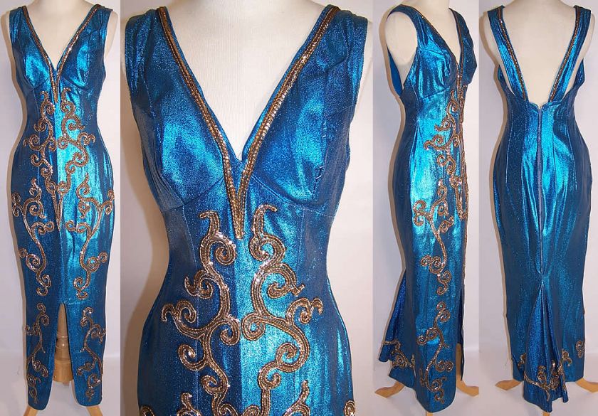 Vintage 1960s Blue Metallic Silver Sequin Sheath Sexy Wiggle Mermaid 