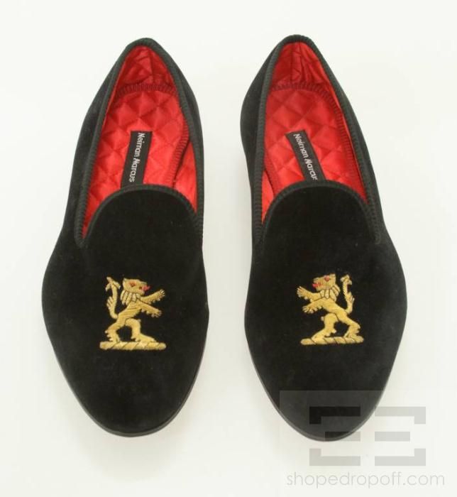  Mens Black Velvet & Gold Lion Applique Loafer Shoes 