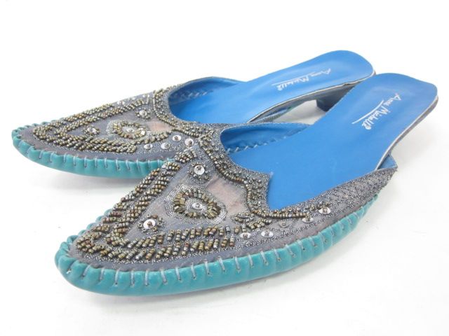 ANNE MICHELLE Blue Beaded Kitten Heel Slides Mules 7  