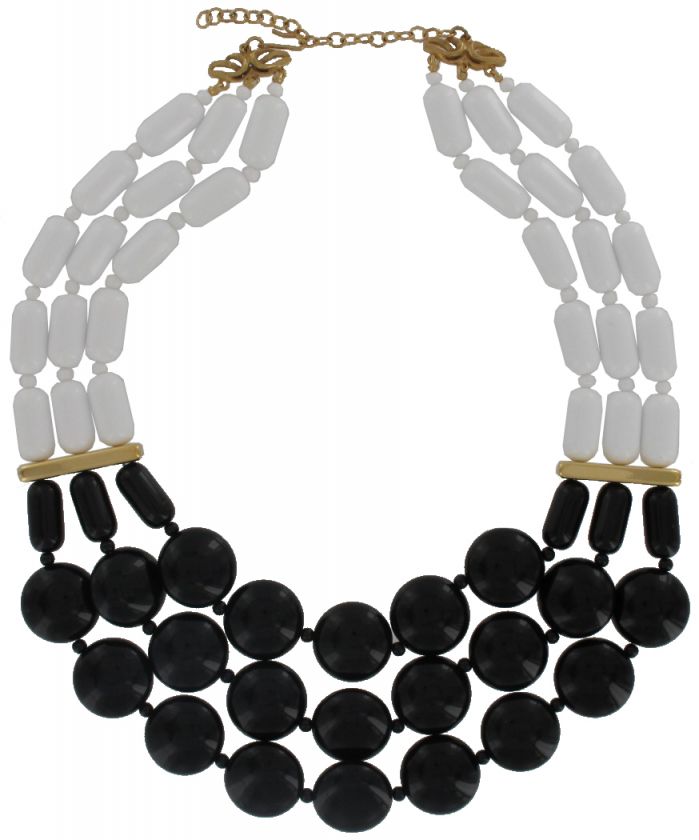 Vintage Black White Beaded Lucite Multi Strand Necklace  