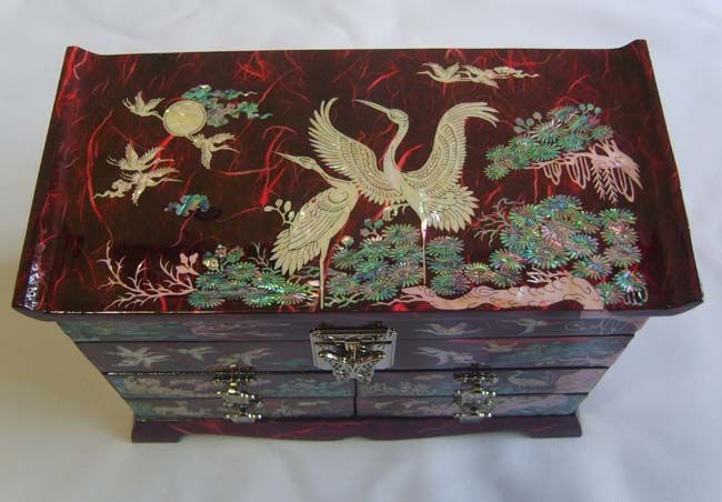 Mother of Pearl Asian Lacquer Wooden Jewelry Box  
