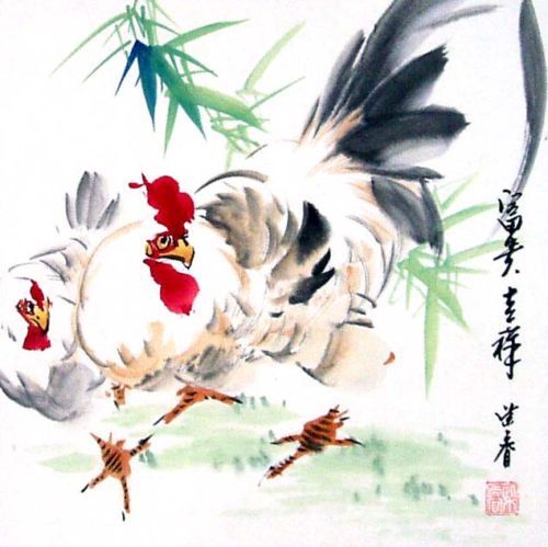 Oriental Asian Chinese painting  Auspicious Roosters  