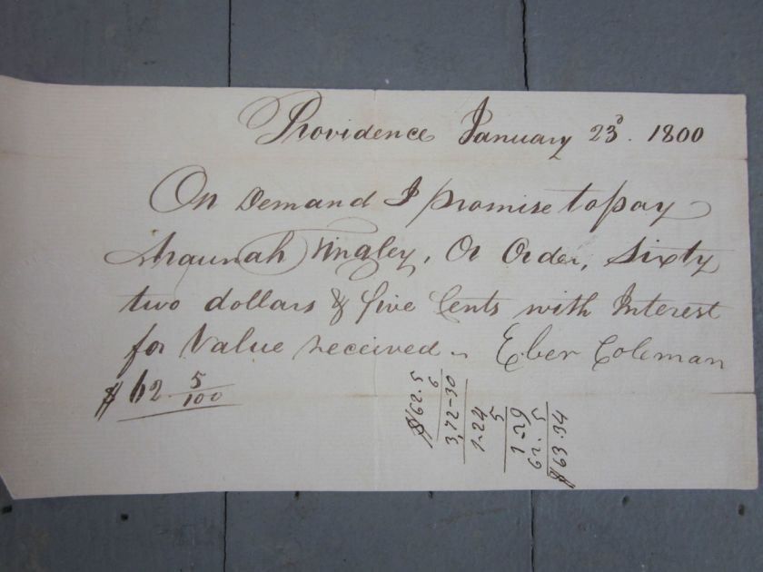   Promissory Providence RI Eber Coleman Araunah Tingley Handwritten