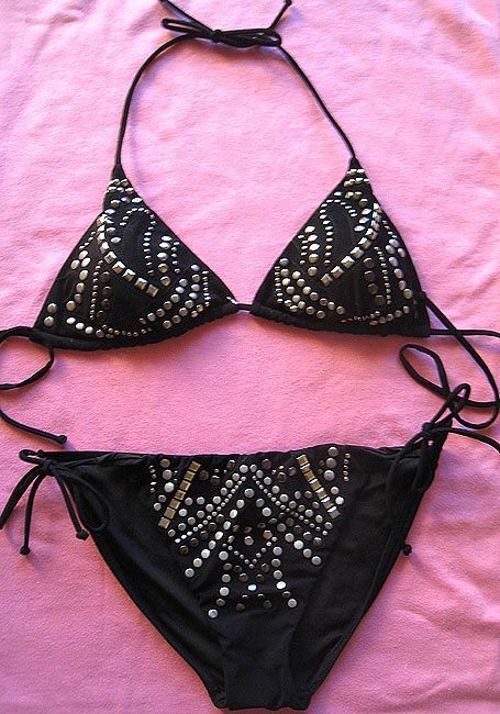   BLACK SILVER SWIMWEAR BIKINI SWIMSUIT STUDDED BATHING SUIT NEW  