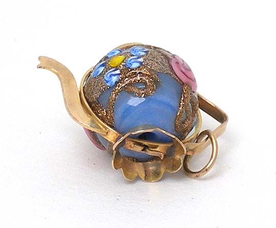 INTRICATE VINTAGE 18K GOLD 3 D CLOISONNÉ TEA POT CHARM  