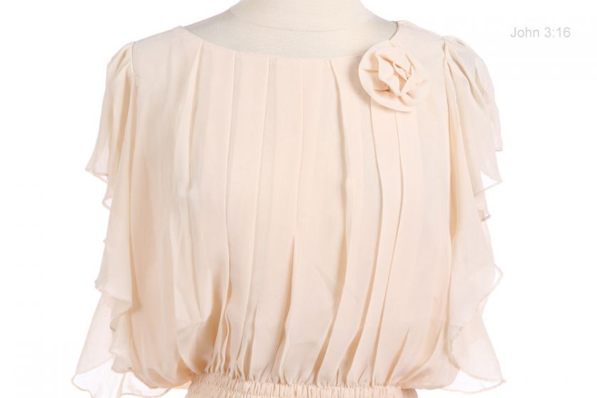   Puff Sleeve Top with Flower Trim Shirred Waist Band Ivory S  
