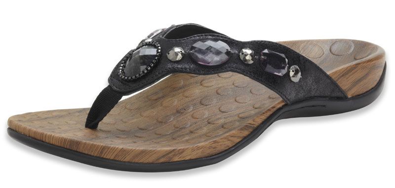 Orthaheel Carla Black Metallic Womens Orthotic Sandals Stone Accents 