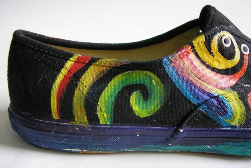 BLACK TENNIS SHOES ARTIST HAND PAINTED 9.5 ALL OVER FUN  