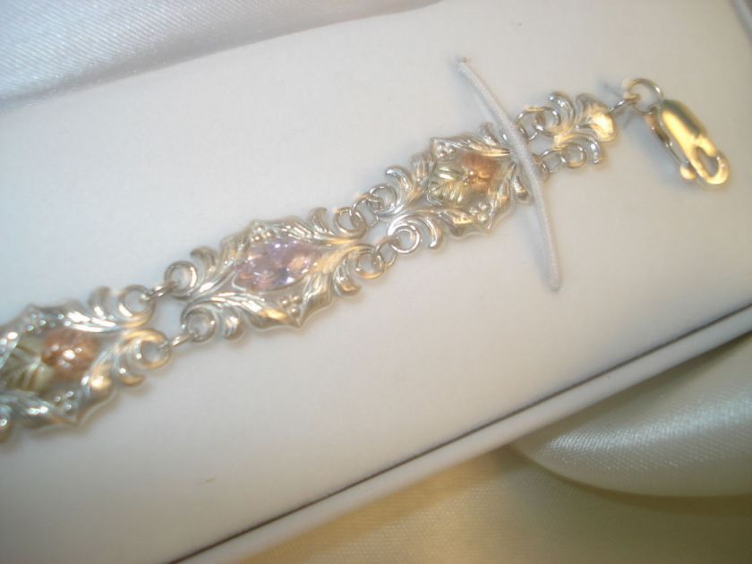 BLACK HILLS GOLD/SILVER EIGHT 12KT GOLD LEAFS & 3 PINK STONE BRACELET 