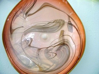 HAND BLOWN GLASS ART WALL PLATTER BOWL PINK MARBLE #2404 ONEIL  