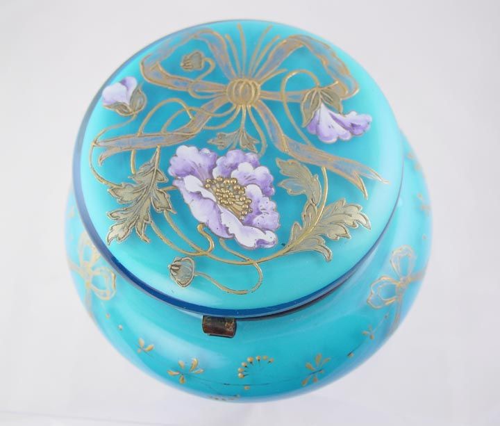   VICTORIAN TURQUOISE FLORAL PAINTED OPALINE GLASS JAR JEWEL BOX  