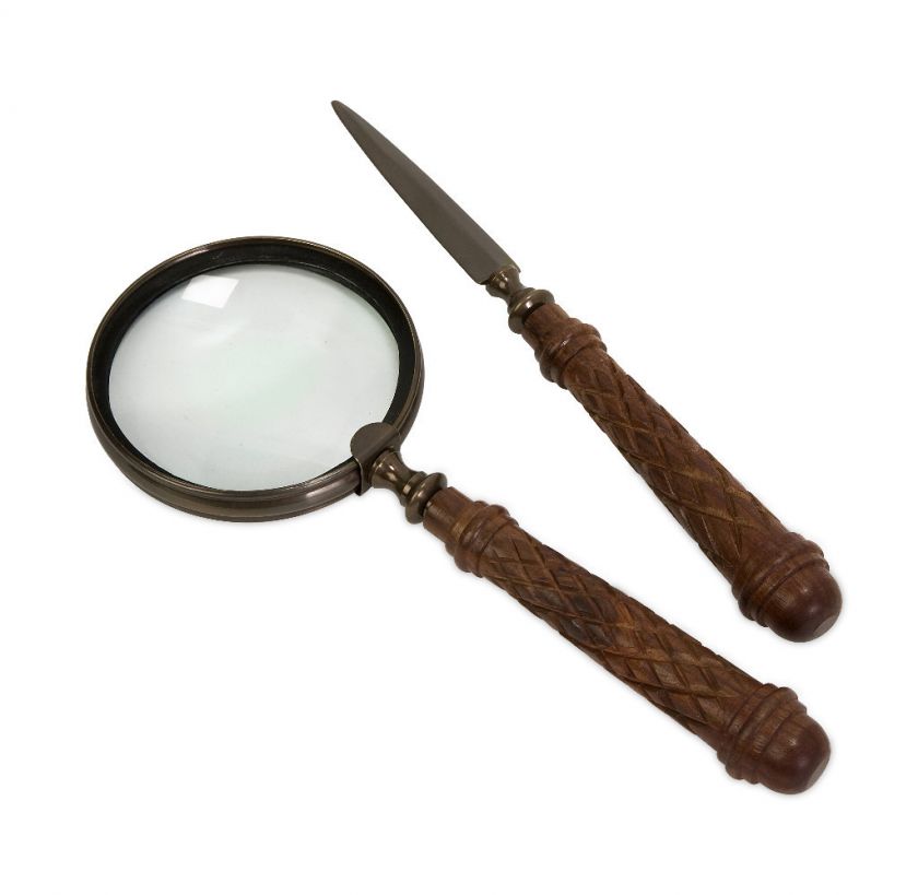 Set/2 Brass Carved Wood Vintage Style Magnifying Glass & Letter Opener 