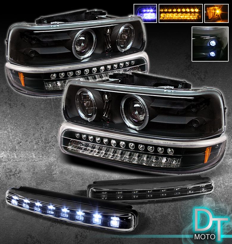 LED FOG+SILVERADO TAHOE SUBURBAN BLK HALO PROJECTOR HEADLIGHTS+LED 