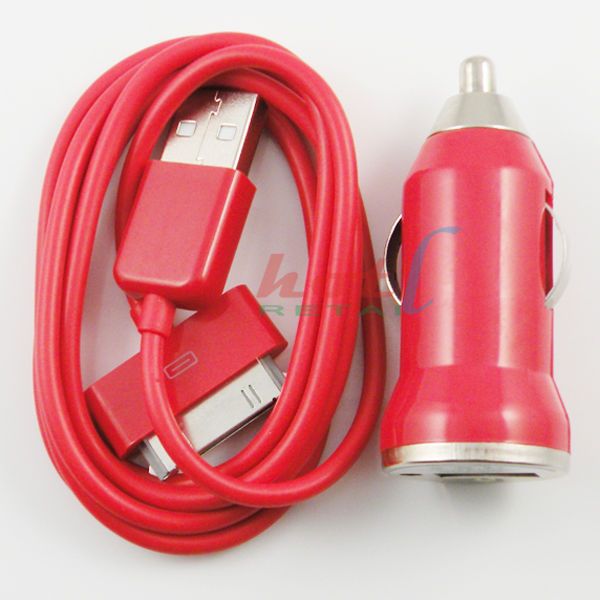 Red USB Car Charger+Cable For iPod iPhone 3G 3GS 4G  