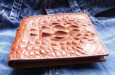 Nice PREMIUM CROCODILE CAIMAN LEATHER TAN MENS WALLET  