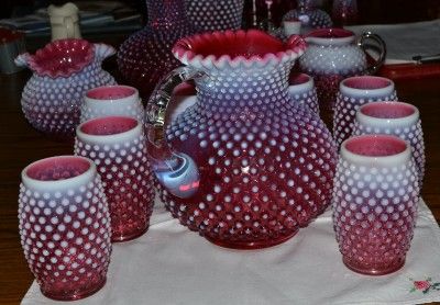 Fenton Cranberry Opalescent Hobnail Jug Pitcher and 8 Tumblers, c.1941 