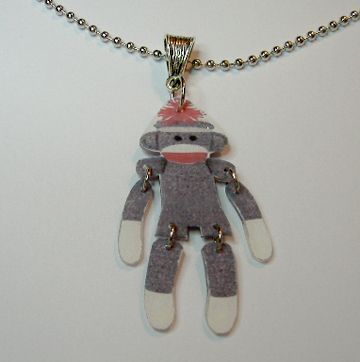 Sock Monkey Jointed Necklace Handcrafted Novelty Made in USA  