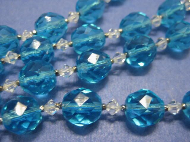 vtg Clear Aqua Blue Crystal Glassl Beaded Necklace  