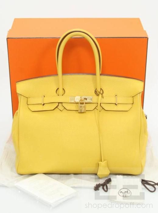 Hermes Yellow Clemence Leather & 22K Gold Plated 35cm Birkin Bag 