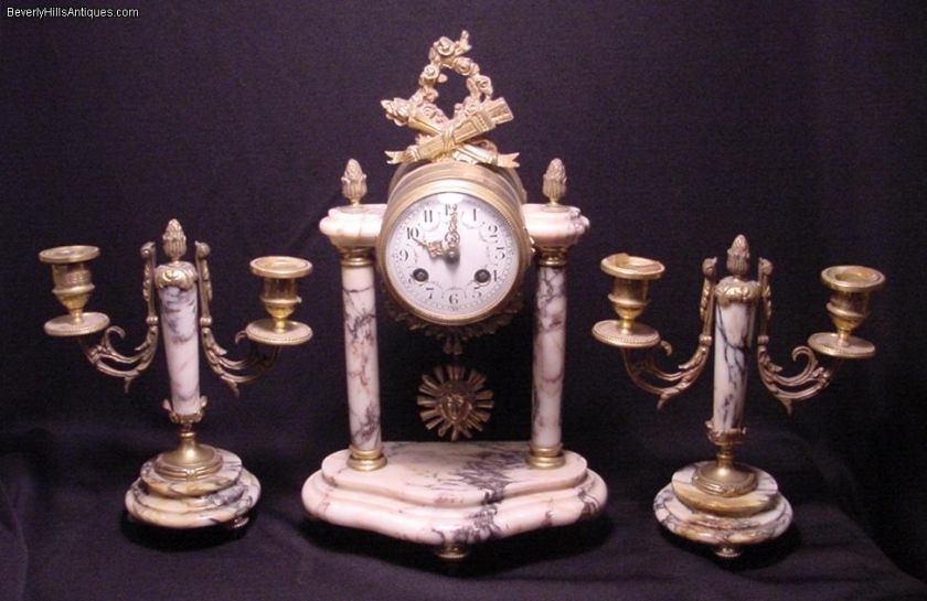 Antique 3 pc Gilt Bronze & Marble Clock Set 2 Matching Candelabras 