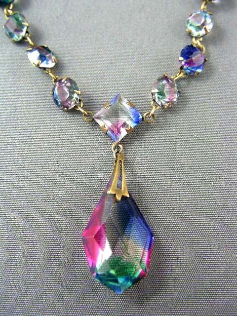 Art Deco Gold P. IRIS Glass Crystal Lavalier Necklace  