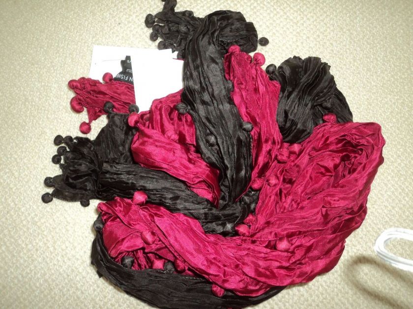   FISHER $168 WHISPER SILK CRINKLE POM POM SCARF NWTF GRENADINE, MUSSEL