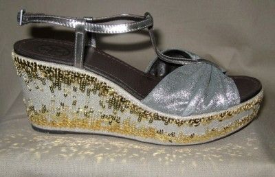 TORY BURCH Declan Gray Mettalic Wedge Shoes Sz 5.5 M  