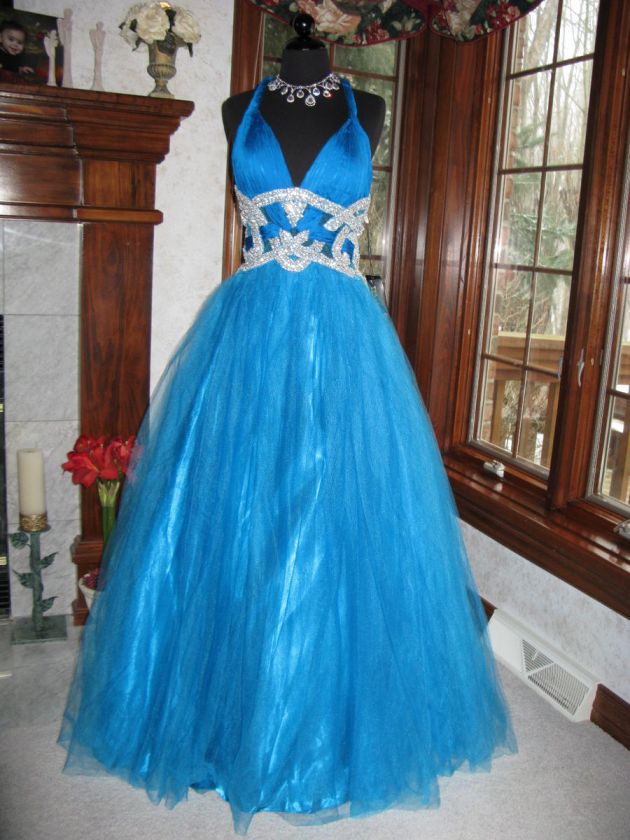 Terani P718 Rich Teal Rhinestoned Ball Gown Dress 8  