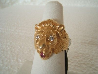 Stunning 14k Gold Leo Lion Head ~ Diamond Eyes and Ruby Mouth~Ladies 