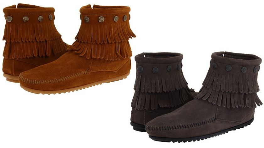 MINNETONKA DOUBLE FRINGE SLIDE ZIP WOMENS BOOT SHOES  