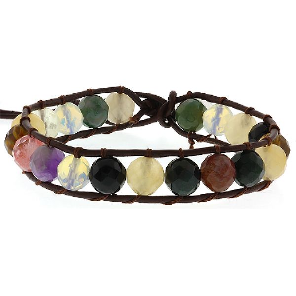 8mm Multi Color Multi Stone Bead Genuine Leather Bracelet  