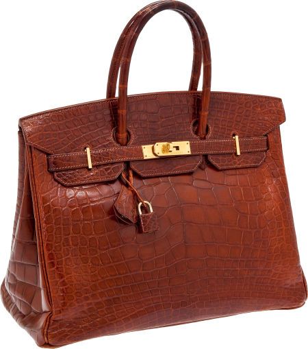 Hermes 35cm Shiny Miel Alligator Birkin Bag with Gold Hardware  