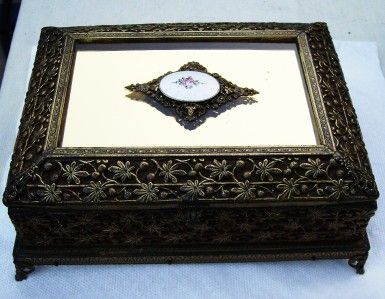 Enamel Guilloche Ormolu Mirrored Jewelry Casket Box  